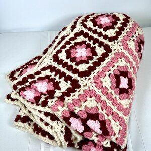 Vintage Handmade Crochet Granny Square Blanket Afghan Pink Valentines Cottage